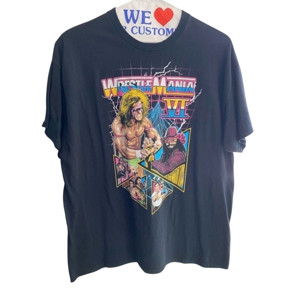 WWE Wrestlemania VI Graphic T-Shirt Men's XL Black Ultimate Warrior Macho Man‎